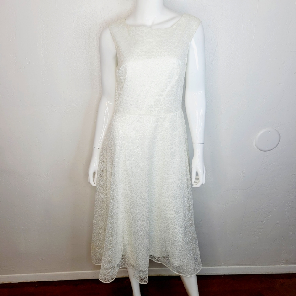 Betsey Johnson Fit & Flare Lace Midi Dress Ivory Sleeveless Wedding Evening Sz 6